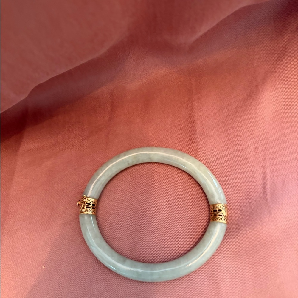 Jade Bangle Bracelet with Gold Accents - Light Green